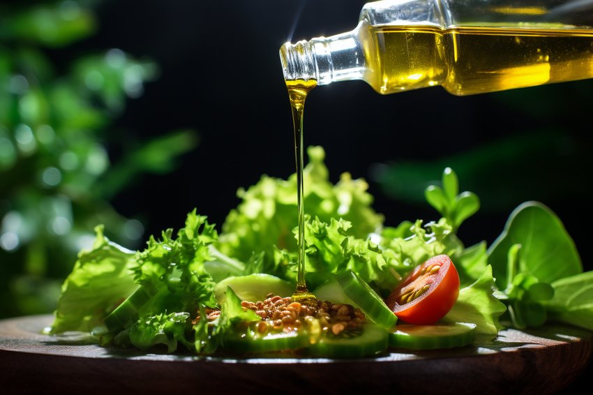 A close-up image of CBD oil with a dropper, placed next to a healthy salad.