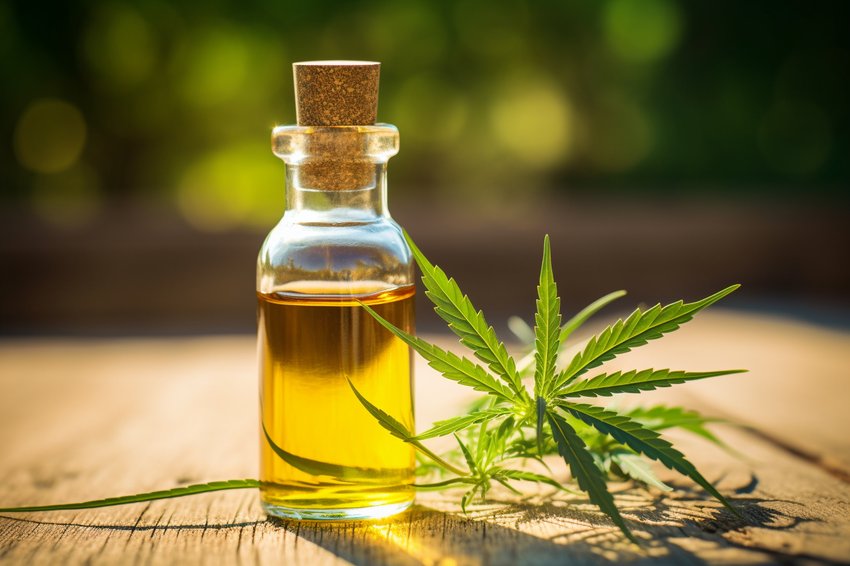 A close-up image of CBD oil with hemp leaves in the background
