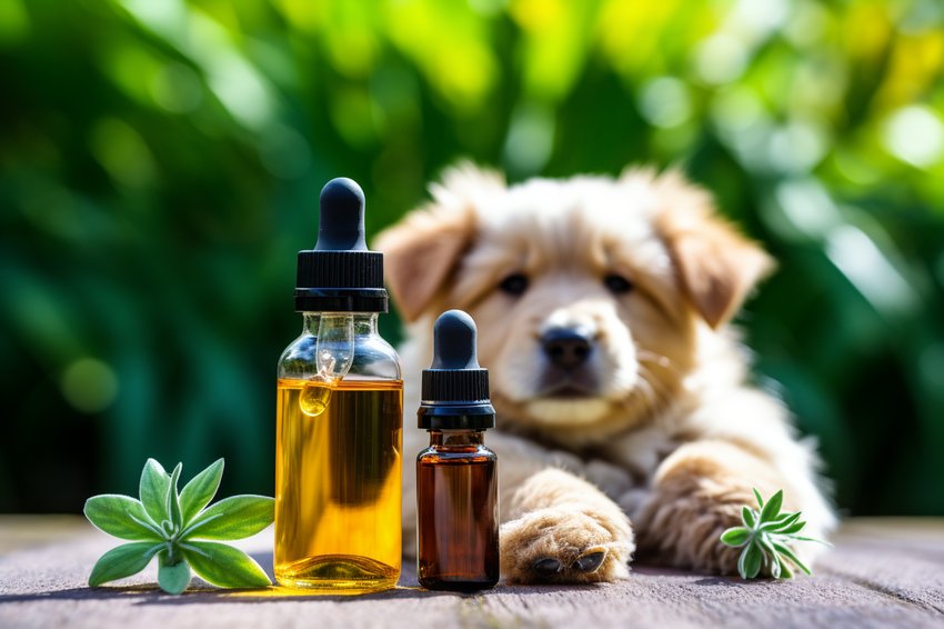 A close-up image of a CBD oil bottle with a dropper, placed next to a dog toy and a cat toy.