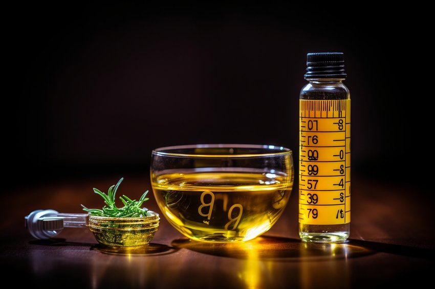 A close-up shot of CBD oil dropper and a measuring tape, symbolizing the connection between CBD and weight management.