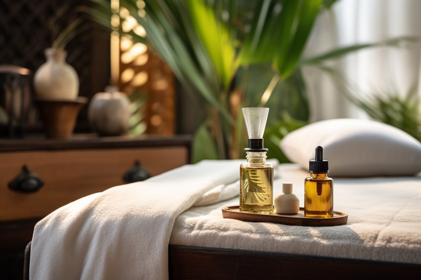 A close-up shot of a CBD oil bottle with a dropper, placed next to a massage table.