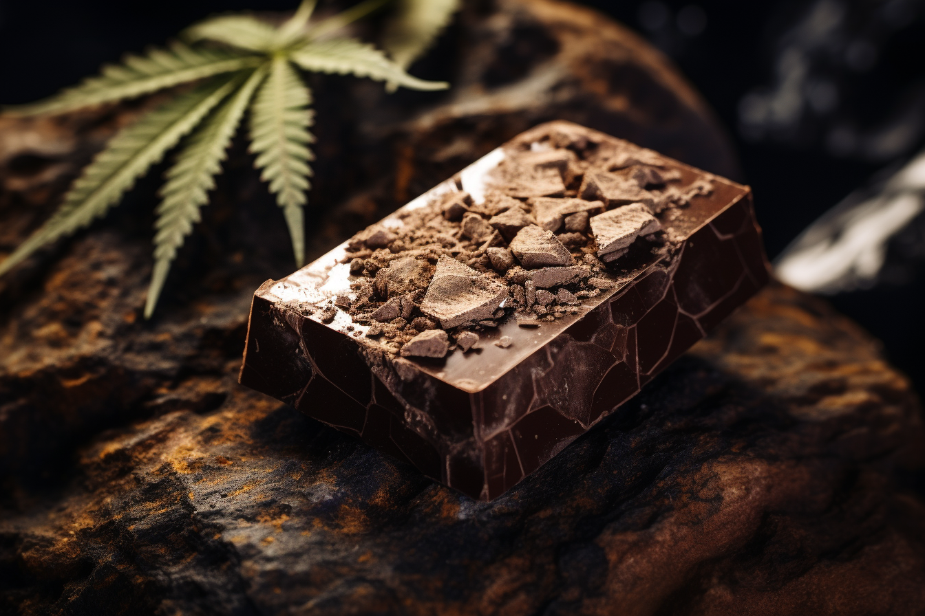 A close-up shot of a piece of CBD chocolate, highlighting its rich texture and inviting appearance.