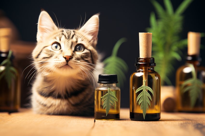 A curious cat sniffing a bottle of CBD oil, with a question mark graphic overlay