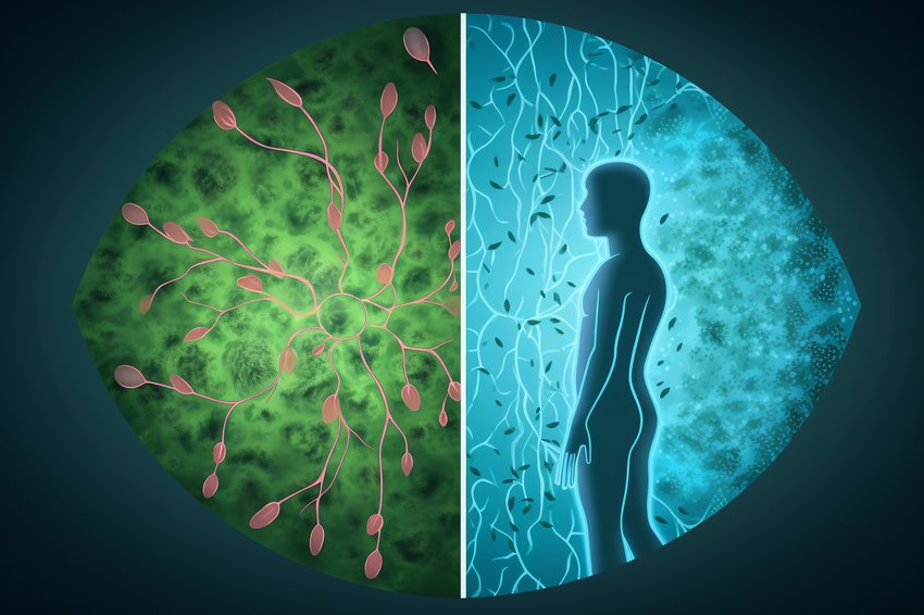 A graphic representation of skin cells with and without the influence of CBD