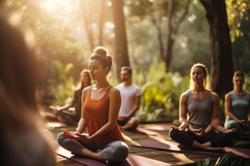 A group of people practicing yoga in a peaceful outdoor setting
