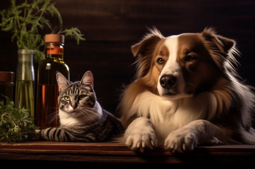 A happy dog and a relaxed cat lying next to each other, with a bottle of CBD oil in the foreground.