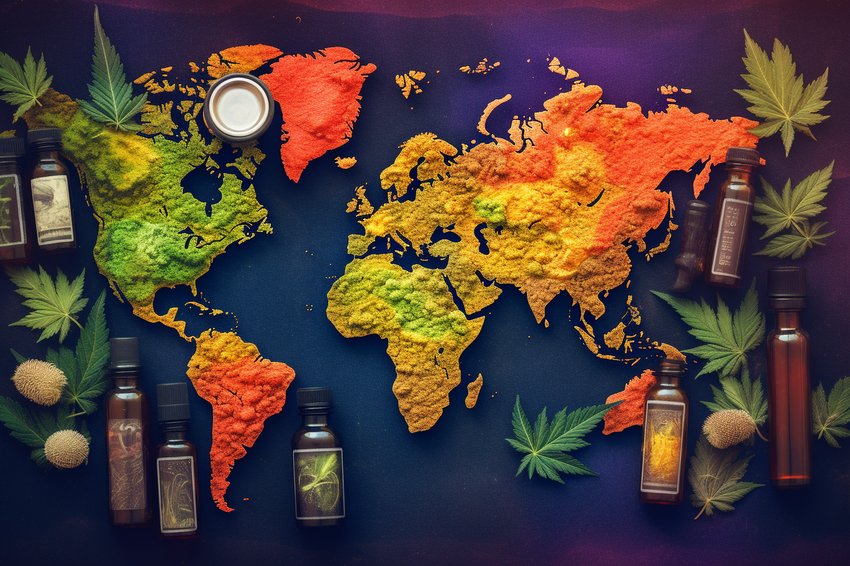 A map highlighting countries where CBD is legal, with a focus on the reader's region.