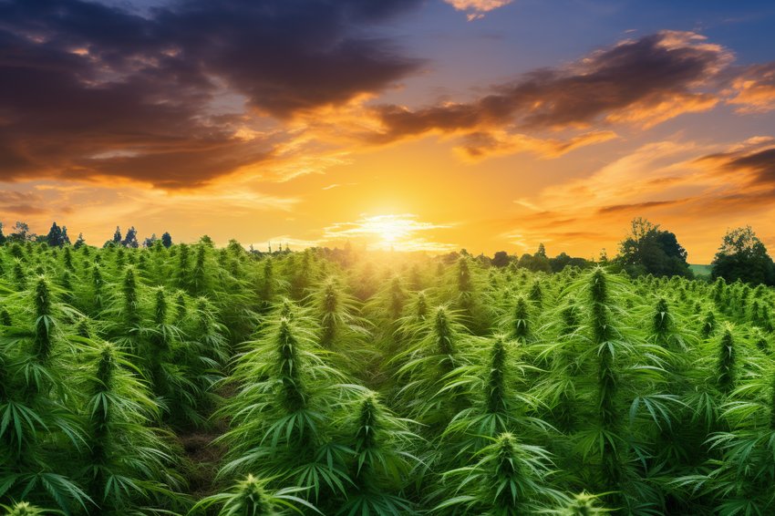 A panoramic shot of a hemp field with a sunset in the background