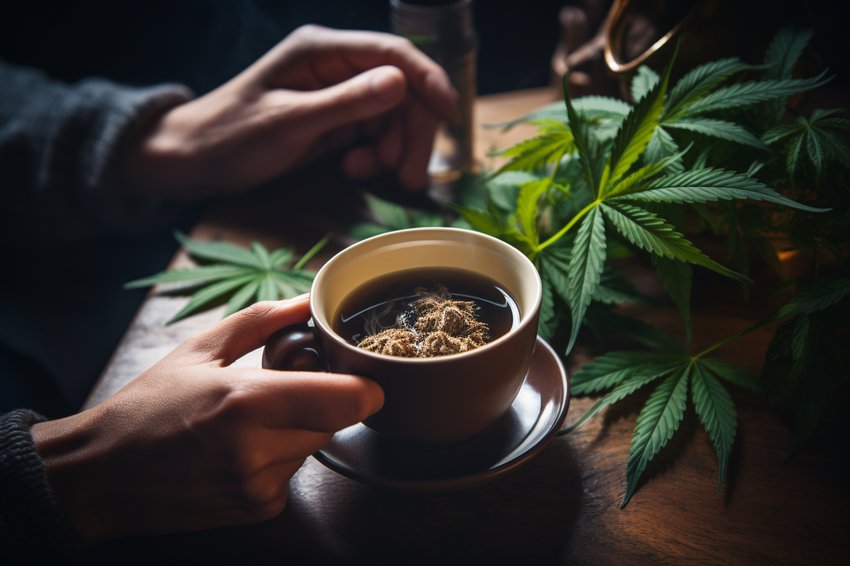 A person enjoying a cup of CBD coffee at home, showing the end result of the blog post's recipe