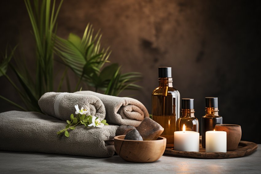 A serene and relaxing spa setting with CBD oil and massage tools.