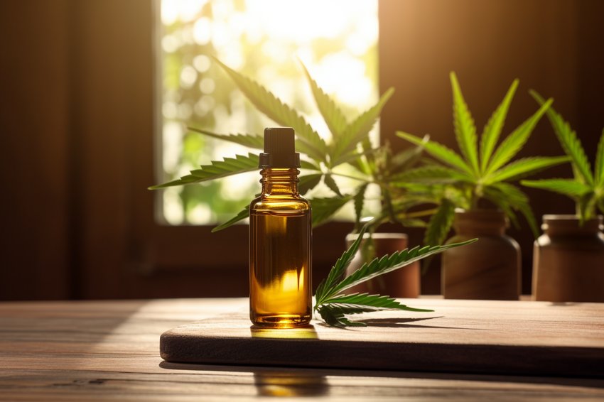 A serene yoga studio with a bottle of CBD oil on a wooden table
