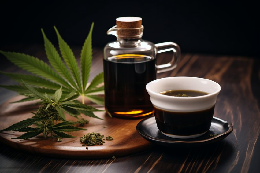 A steaming cup of coffee next to a bottle of CBD oil, illustrating the topic of the blog post