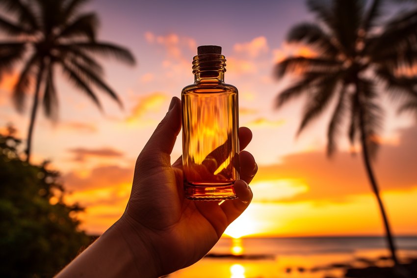 A traveler holding a CBD oil bottle while looking at a beautiful sunset on the beach