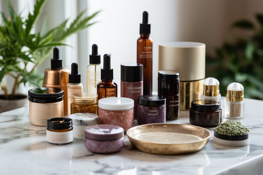 A variety of CBD-infused cosmetics displayed on a marble countertop