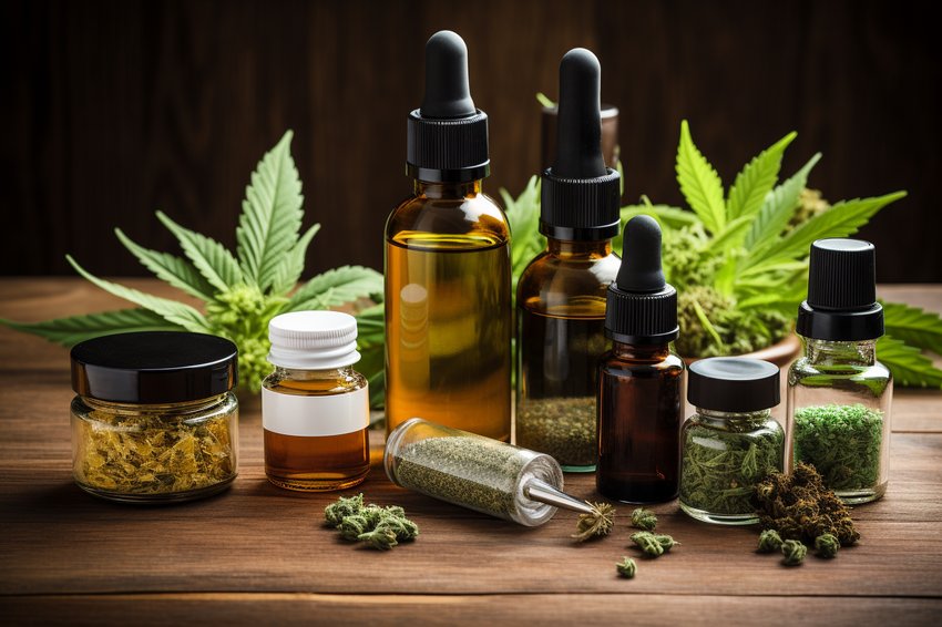 A variety of CBD products displayed on a wooden table, showcasing its diversity in usage.
