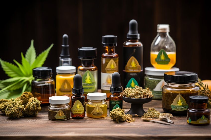 A variety of CBD products displayed on a wooden table, showcasing its growing popularity
