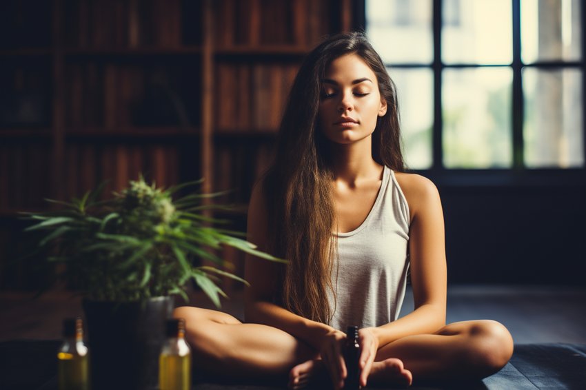 A woman meditating after a yoga session with a bottle of CBD oil in the foreground